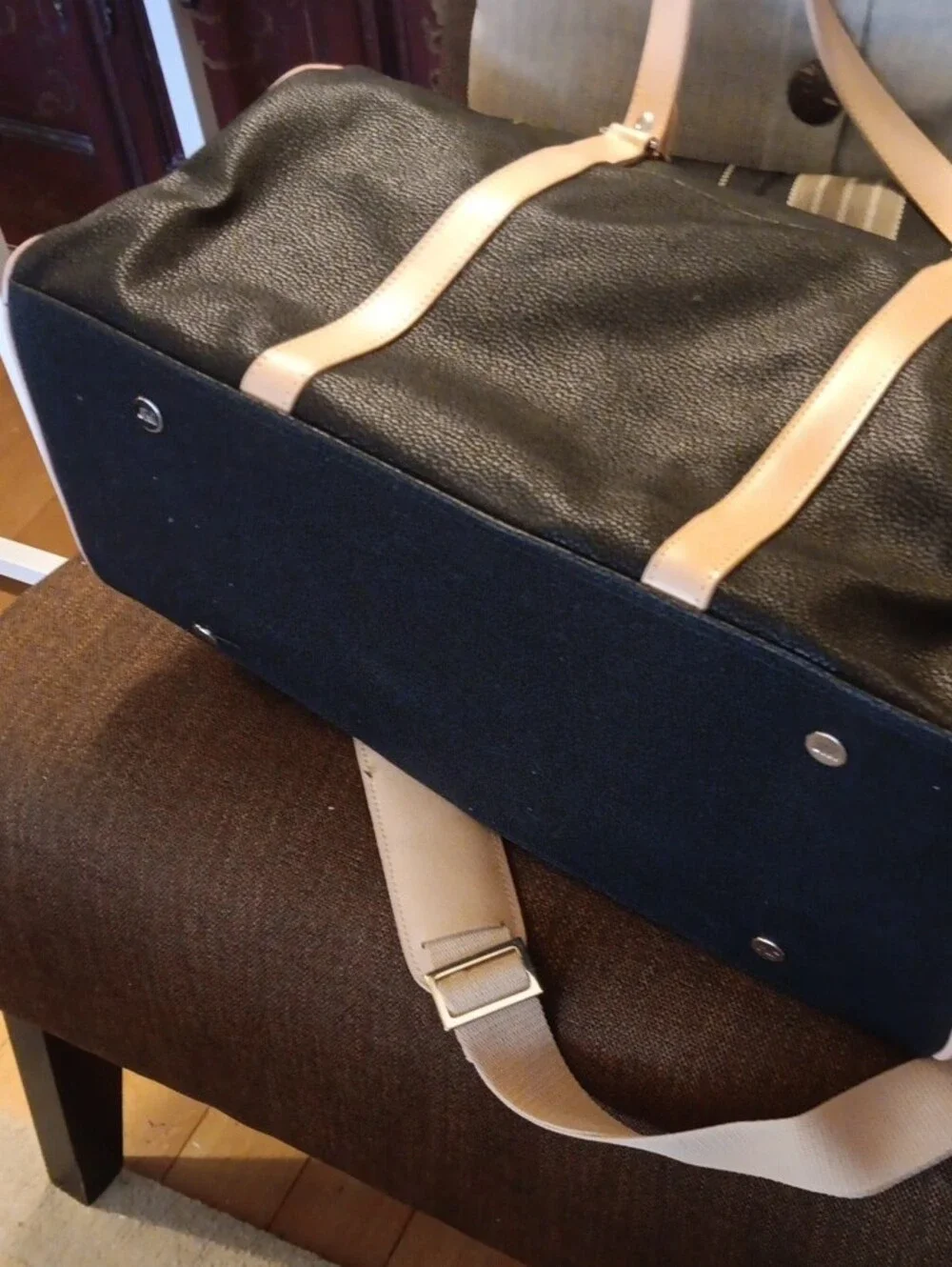 Joy Mangano Brown Black Barrel Tote with Cream Straps